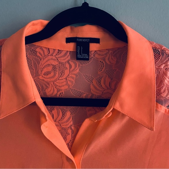 Forever 21 Women's Neon Orange Short Sleeve Shirt Button Up Blouse Top Size L - Picture 3 of 9